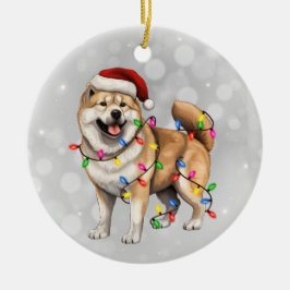 Adorno De Cerámica Perro Akita envuelto en luces Navidades
