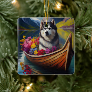 Adorno De Cerámica Perro Alaskan Malamute en Remo: Una Aventura Escén