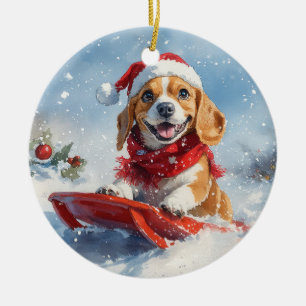 Adorno De Cerámica Perro Beagle con manchas y Navidades de nieve