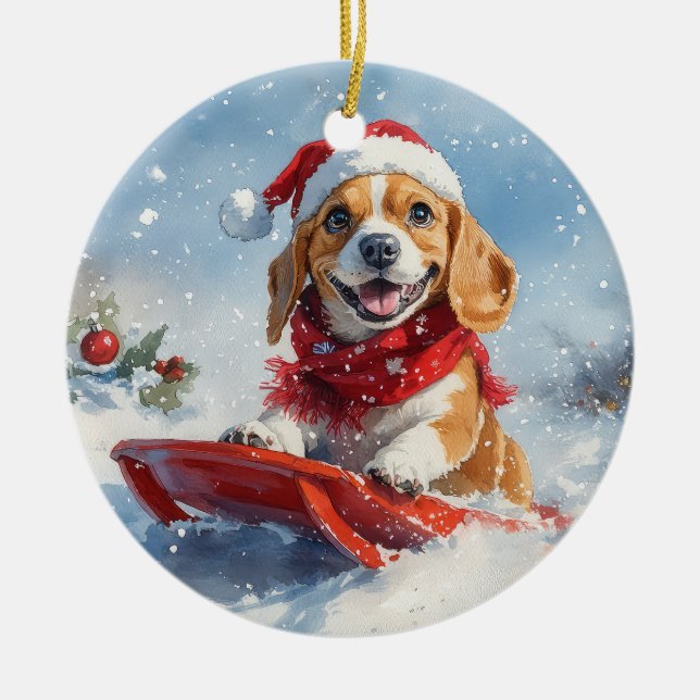 Adorno De Cerámica Perro Beagle con manchas y Navidades de nieve (Frente)