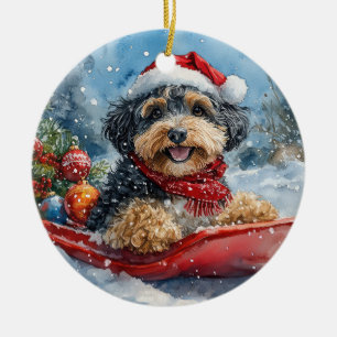 Adorno De Cerámica Perro Bernedoodle en Trineo Deja que Nieve Navidad