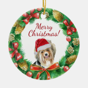 Adorno De Cerámica Perro Biewer Terrier Feliz Navidad