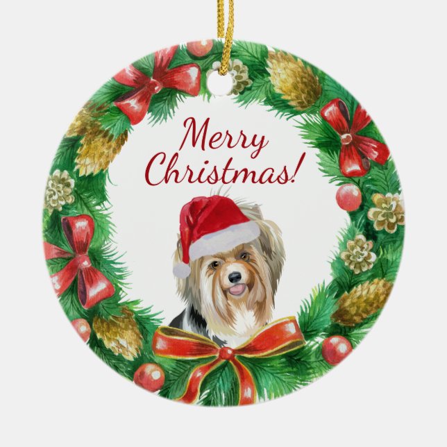 Adorno De Cerámica Perro Biewer Terrier Feliz Navidad (Frente)