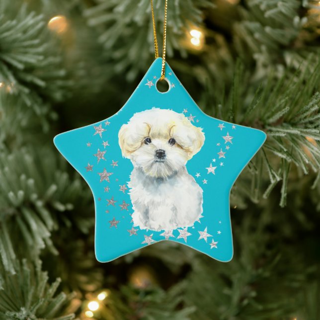 Adorno De Cerámica Perro blanco maltés plateado estrena Navidades Ver (Árbol)