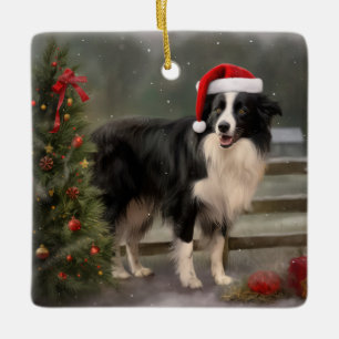 Adorno De Cerámica Perro Border Collie en Navidad con Nieve