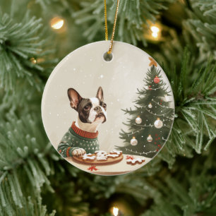 Adorno De Cerámica Perro Boston Terrier de Navidad