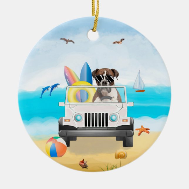 Adorno De Cerámica perro boxeador conduciendo en la playa (Frente)
