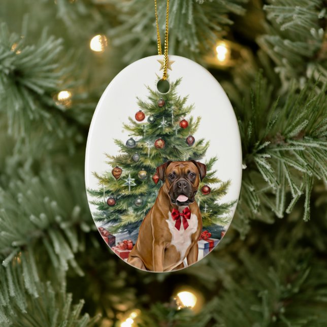 Adorno De Cerámica Perro Boxer con Lazo Rojo Navidad (Árbol)