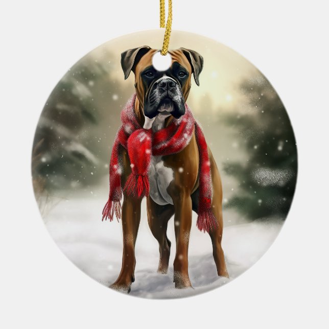 Adorno De Cerámica Perro Boxer en Navidades de Nieve (Frente)