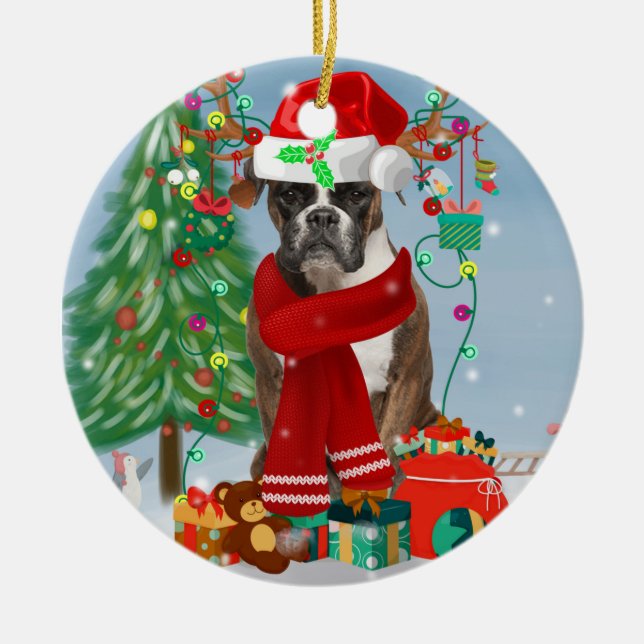 Adorno De Cerámica Perro Boxer en Nieve con regalos de Navidades  (Frente)