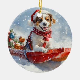 Adorno De Cerámica Perro Brittany Spaniel en Trineo de Navidad