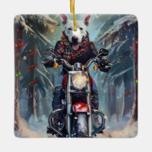 Adorno De Cerámica Perro Bull Terrier montando motocicleta Navidad