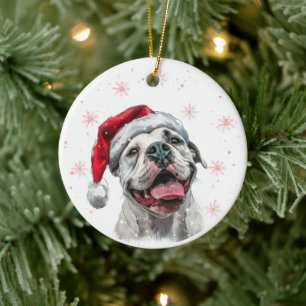 Adorno De Cerámica Perro Bulldog Americano Blanco Navidad Personaliza