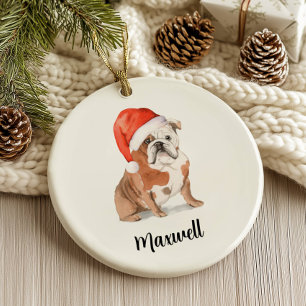 Adorno De Cerámica Perro Bulldog Inglés Navidad