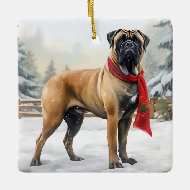 Adorno De Cerámica Perro bullmastiff en Navidades de nieve (Anverso)