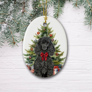 Adorno De Cerámica Perro Caniche Estándar Negro con Lazo Rojo Navidad