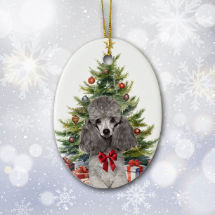 Adorno De Cerámica Perro Caniche Miniatura Gris con Lazo Rojo Navidad