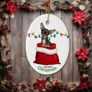 Adorno De Cerámica Perro chihuahua de Tan negro en Navidades de bolsa