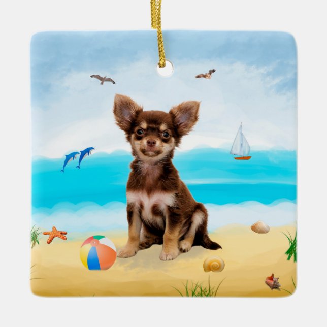 Adorno De Cerámica Perro Chihuahua en la playa (Anverso)