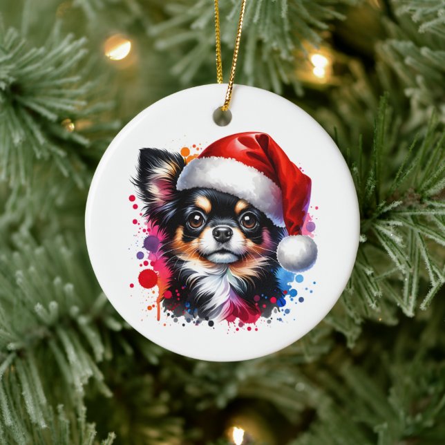 Adorno De Cerámica Perro Chihuahua en Navidades de Santa Hat (Árbol)