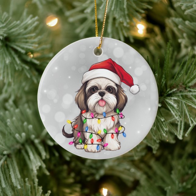 Adorno De Cerámica Perro chiita zu envuelto en luces Navidades (Árbol)
