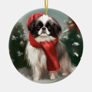 Adorno De Cerámica Perro Chin Japonés en Navidad con nieve