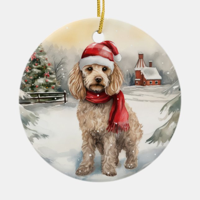 Adorno De Cerámica Perro Cockapoo en Navidades de nieve (Frente)