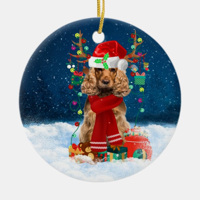 Adorno De Cerámica Perro Cocker Spaniel con regalos de Navidades (Frente)