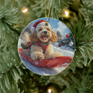Adorno De Cerámica Perro Cocker Spaniel en Trineo Deja que Nieve Navi