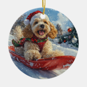 Adorno De Cerámica Perro Cocker Spaniel en Trineo Deja que Nieve Navi