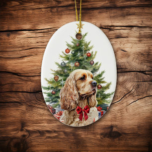 Adorno De Cerámica Perro Cocker Spaniel Rubio con Lazo Rojo