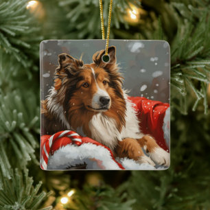 Adorno De Cerámica Perro Collie áspero Navideño Festivo