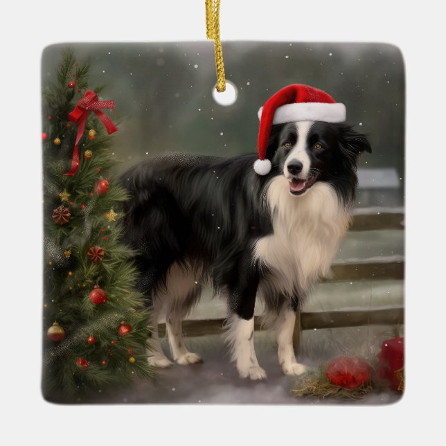 Adorno De Cerámica Perro collie fronterizo en Navidades de nieve (Anverso)