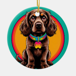 Adorno De Cerámica Perro con collar colorido dentro de un círculo dec