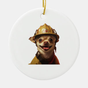 Adorno De Cerámica Perro con un diseño de casco rojo de bombero