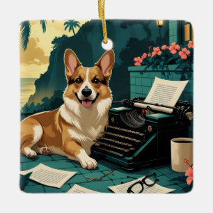 Adorno De Cerámica Perro Corgi con pelaje brillante y una máquina de