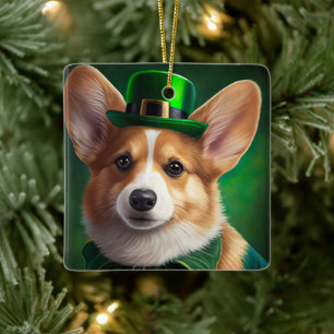 Adorno De Cerámica Perro Corgi con vestido de San Patricio