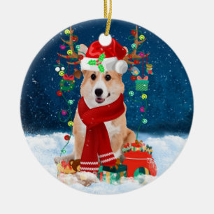 Adorno De Cerámica Perro Corgi en Nieve con regalos de Navidades