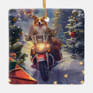 Adorno De Cerámica Perro Corgi montando motocicleta Navidad