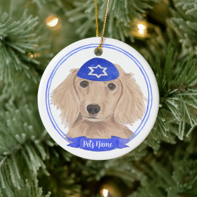 Adorno De Cerámica Perro Dachshund rojo inglés personalizado Hanukkah (Árbol)