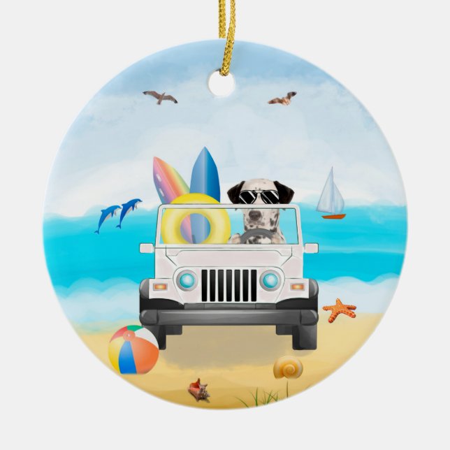 Adorno De Cerámica perro dálmata conduciendo en la playa (Frente)