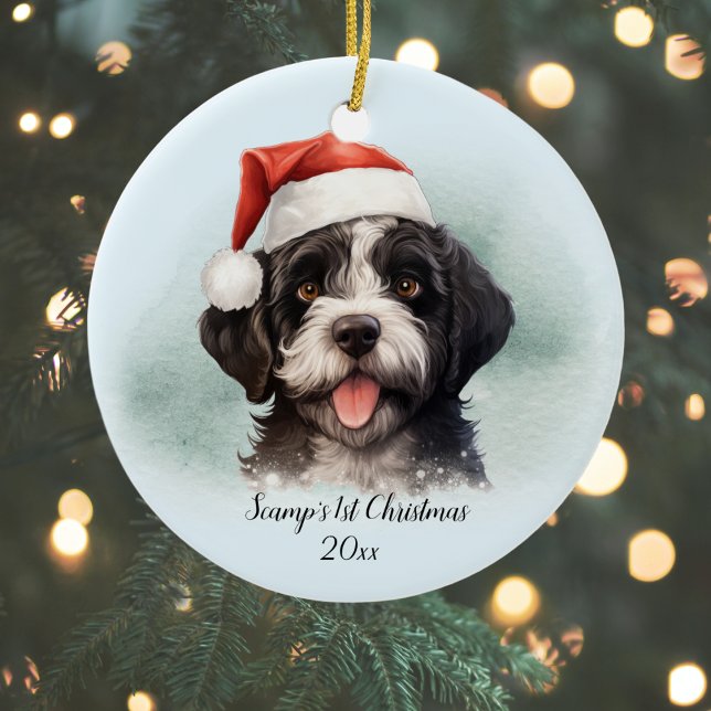 Adorno De Cerámica Perro de agua portugués primera Navidad personaliz (Personalize with Dog Name and Year, other text, or delete if not required)