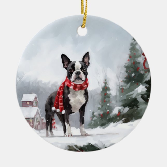 Adorno De Cerámica Perro de Boston Terrier en Navidades de Nieve (Frente)