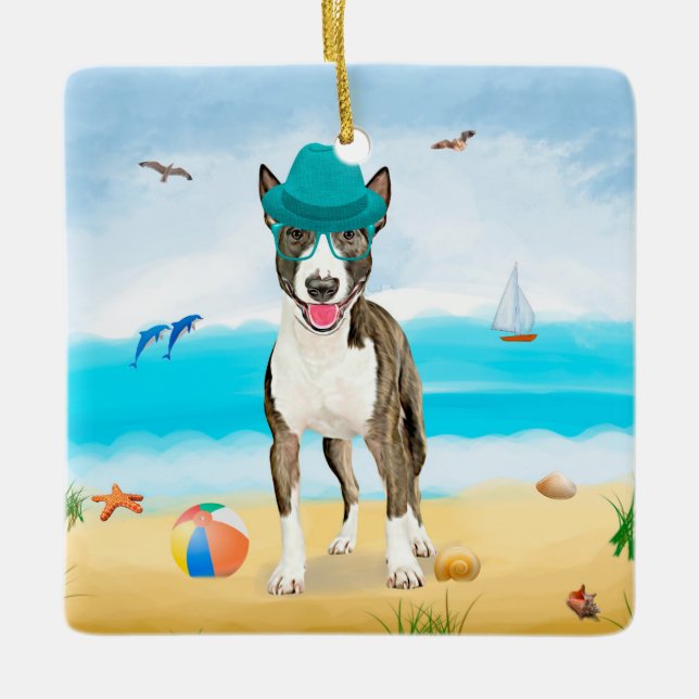 Adorno De Cerámica Perro de Bull Terrier en la playa (Anverso)