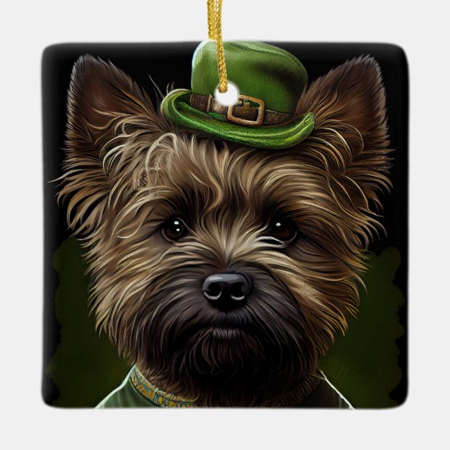 Adorno De Cerámica Perro de Cairn Terrier en el vestido de San Patric (Anverso)
