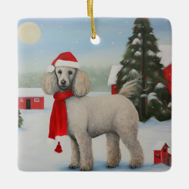 Adorno De Cerámica Perro de caniche en Navidades de nieve (Anverso)