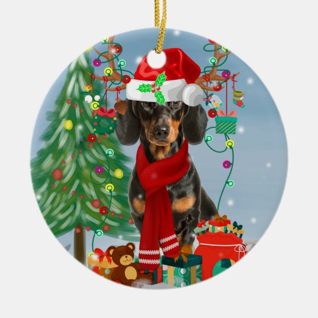 Adorno De Cerámica Perro de Dachshund en la nieve con regalos de Navi (Frente)