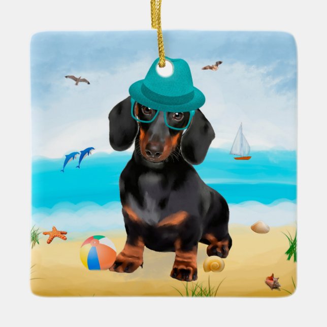 Adorno De Cerámica Perro de Dachshund en la playa (Anverso)