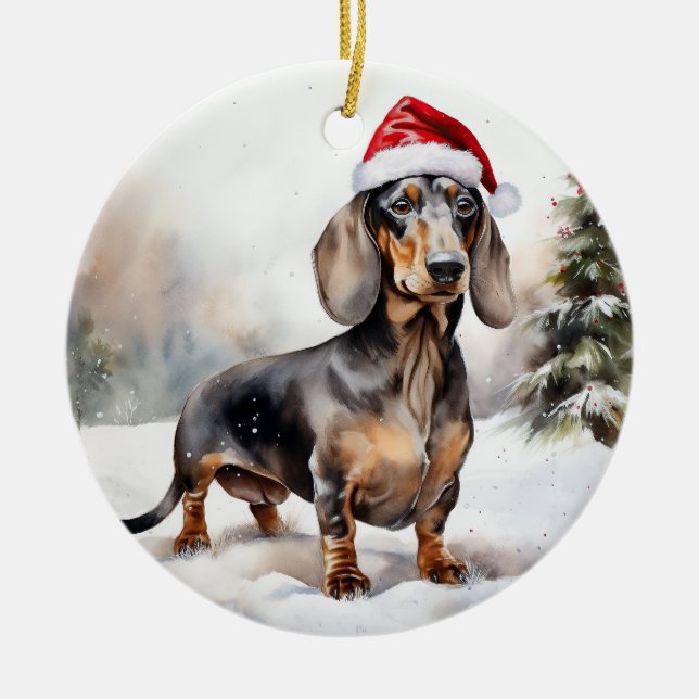 Adorno De Cerámica Perro de Dachshund en Navidades de nieve (Frente)