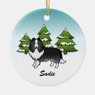 Adorno De Cerámica Perro de Dibujos Animados Bi-Black Sheltie en Invi